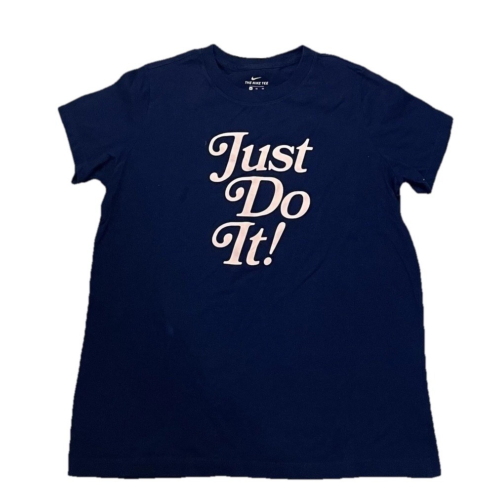 Nike‎ Girls Sz XL Extra Large "Just Do It!" Girls Navy Blue Pink Logo T-Shirt